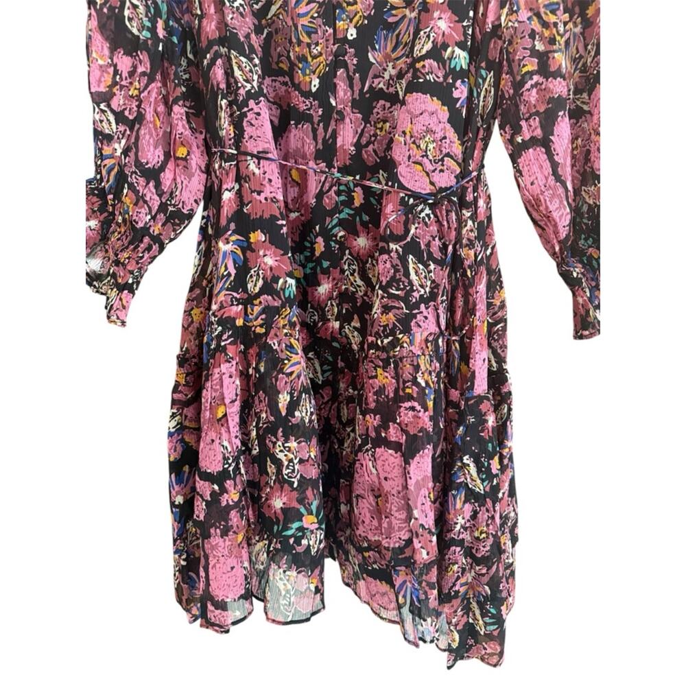 Cleobella Floral Boho Mini Dress Pink Black Sheer Sleeve Tie Waist L - Picture 3 of 7